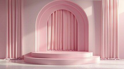 An opulent beauty podium stands gracefully against a dazzling pageant stage backdrop, perfect for showcasing beauty products.