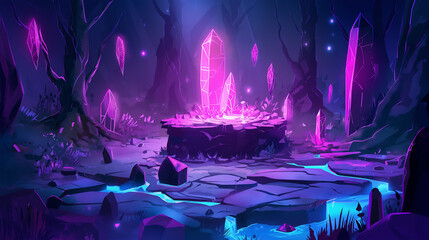 The Cartoon and realistic, stone battleground platform at night neon style look, Illustration