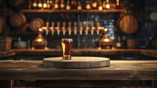 Beer Festival Wooden Podium, front view focus, with a Brewery Background, ideal for craft beer showcases.