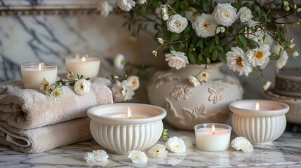 A luxurious spa arrangement featuring pristine white blooms, softly flickering candles, and a plush towel set against a backdrop of polished marble textures, with the Holy Quran bringing an air