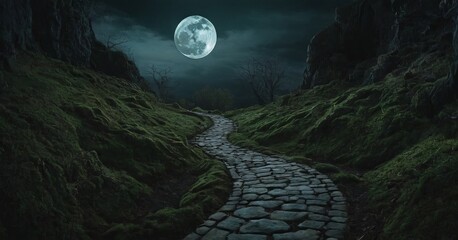 The moon illuminates a stone narrow path in the woods. 