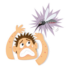 Frightened man looking at giant mosquitoes. Illustration, Vector,  Poster, Background or wallpaper.  