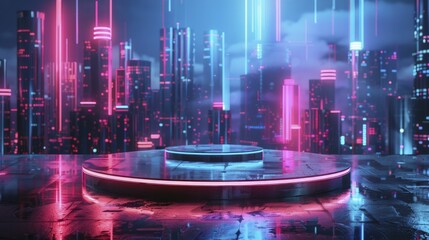 Futuristic Holographic Podium, front view focus, with a Cyberpunk Cityscape Background, ideal for cutting edge technology products.