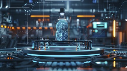 Futuristic Lab Podium, front view focus, with a High Tech Laboratory Background, ideal for scientific instruments.