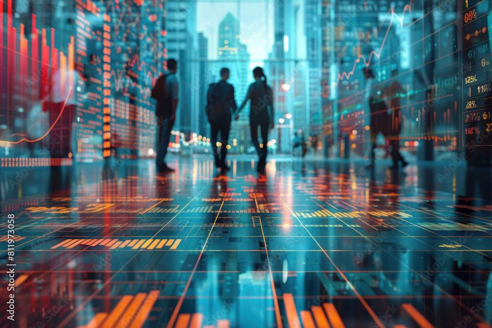 Poster a group of people walking in a city with a lot of graphs and numbers on the ground. scene is busy an
