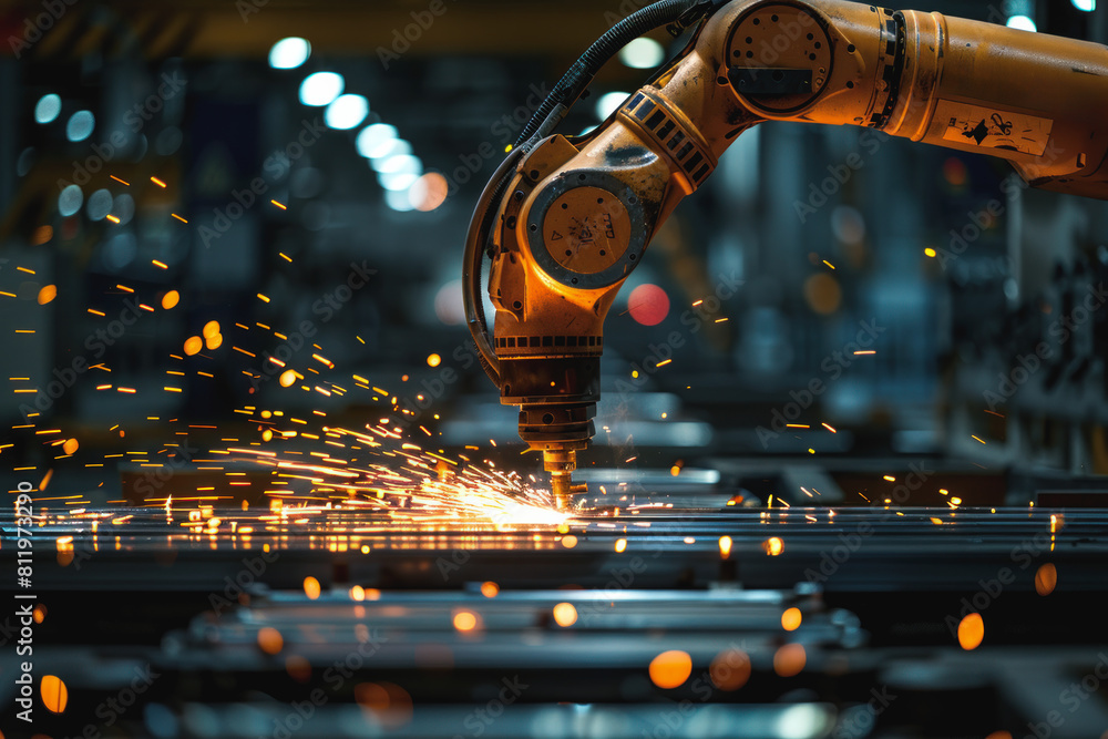 Aufkleber a robot is cutting metal with sparks flying. the scene is industrial and the robot is in the process