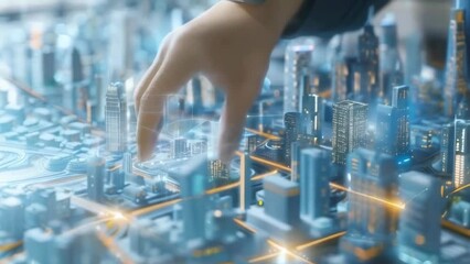 Urban planning, showcasing a hand interacting with a holographic interface over a model cityscape, illuminating futuristic urban development strategies through advanced technology - Powered by Adobe