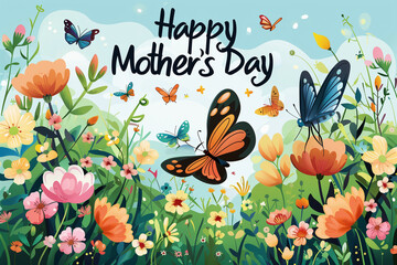 Happy Mother's Day: Vector Illustration of a Garden with Butterflies