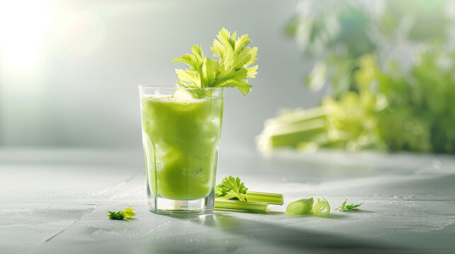 Nutritious green celery smoothie in a transparent glass with fresh celery sticks and leaves on a sunlit kitchen surface