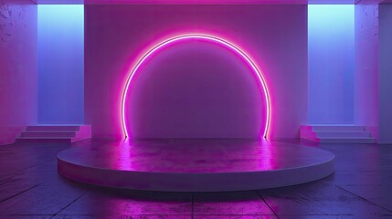 Minimalist Neon Podium, front view focus, with an Experimental Art Space Background, ideal for...