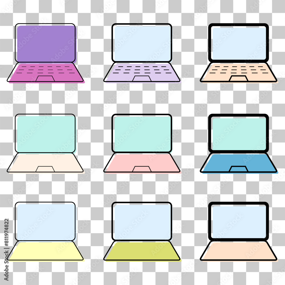 Poster set of laptop flat web icon, notebook computer technology symbol , blank display vector illustration