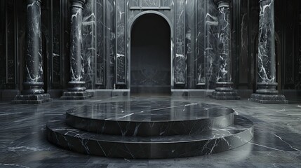 A stunning Gothic Black Marble Podium set against a backdrop of a Dark Castle Interior, creating an ideal setting for luxury gothic fashion.