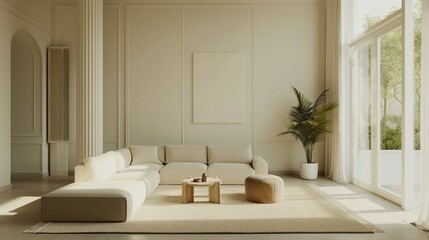 Modern living room sofa furniture in minimalist style, stylish interior, delicate details, room interior, 3D render