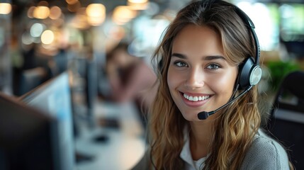 Efficient Customer Support: Smiling Young Business Woman with Headset Working on Computer in Call Center