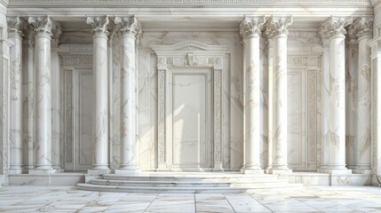 Obraz premium A museum-worthy display featuring a sculptural stone podium in the forefront, set against a classical sculpture court backdrop.
