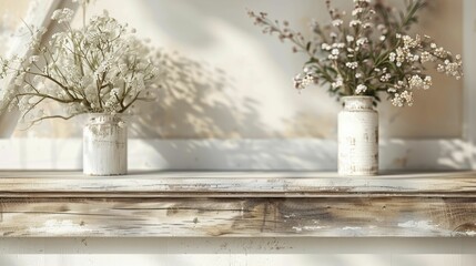 Shabby Chic Painted Podium, front view focus, with a French Country Farmhouse Background, ideal for rustic home decor.