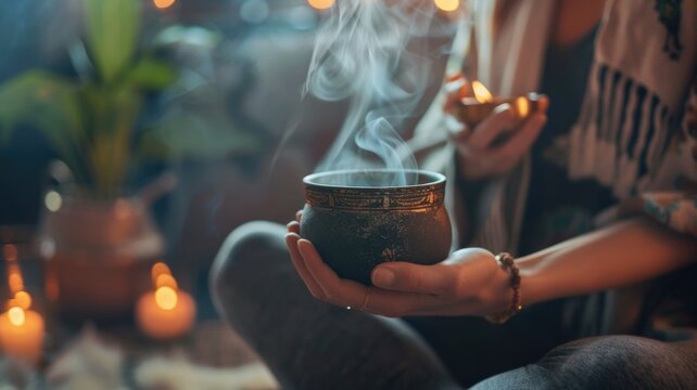 hands holding a steaming cup of herbal tea, with a backdrop of a dimly lit room set for a group meditation session