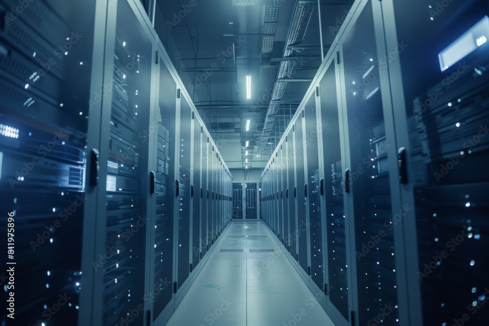 Poster a row of servers in a data center with a blue light shining on them