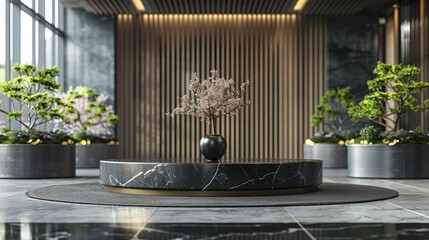 Enhance your corporate event with a sleek Refined Black Granite Podium against a sophisticated Corporate Headquarters Lobby backdrop.