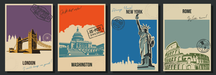 USA, United Kingdom, Italy Showplaces Postcard Set. Capitol, Statue of Freedom, Colosseum, Tower Bridge Greeting Cards. Stamp imprints, Handwriting Wishes, Vintage Colors