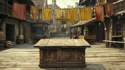 Immerse yourself in history with an authentic Renaissance Fair Wooden Podium set against a bustling Medieval Market backdrop, perfect for showcasing historical costumes.
