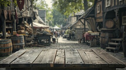 Capture the essence of history at the Renaissance Fair Wooden Podium, set against a bustling Medieval Market Background, perfect for vintage attire enthusiasts.