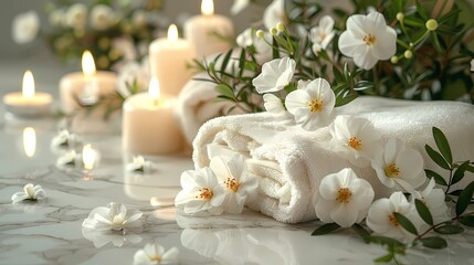 A luxurious spa composition featuring delicate white flowers, glowing candles, and a pristine towel arranged elegantly on a backdrop of clean marble textures, with the Holy Quran providing spiritual