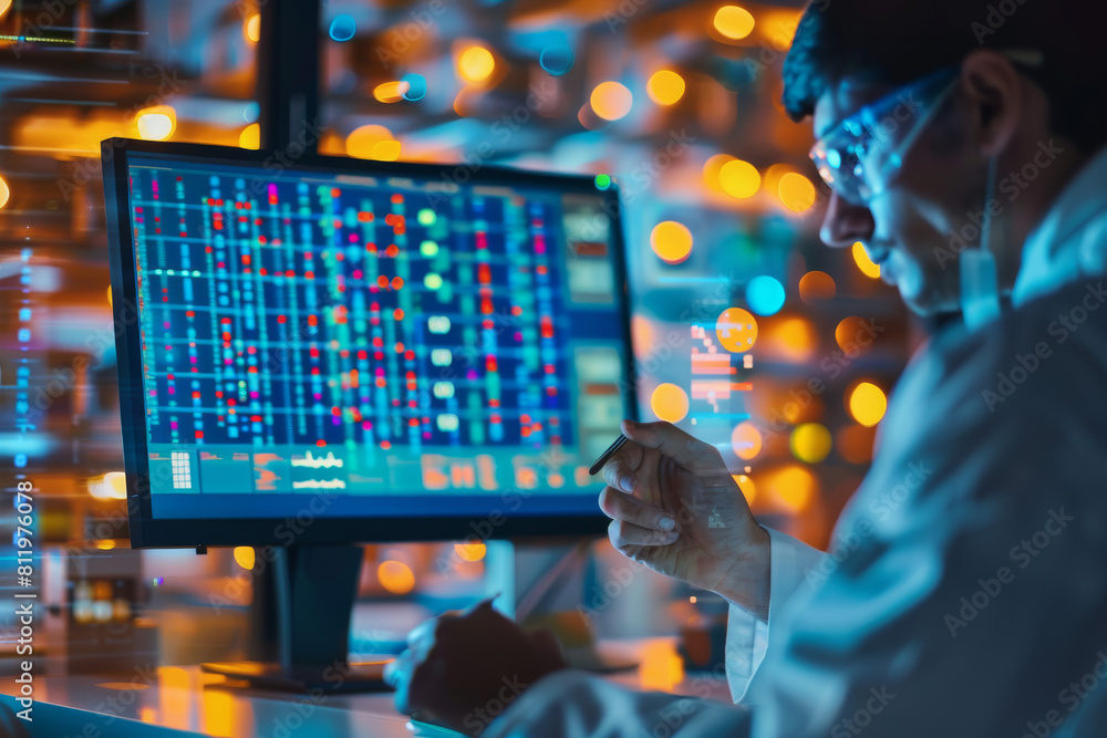 Poster a man is looking at a computer screen with a grid of numbers on it