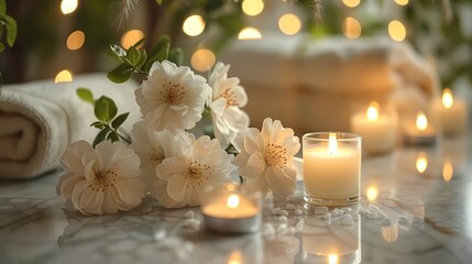 A serene spa composition featuring delicate white flowers, softly glowing candles, and a plush towel arranged on a backdrop of pristine marble, with the Holy Quran lending an aura of spiritual