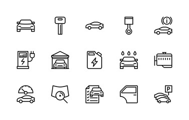 Automobile vector linear icons set. Collection contains such icons as car key, piston, stop signal, electric refueling and more.