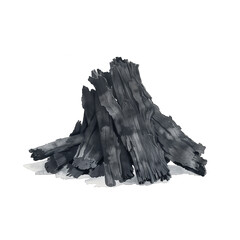 Watercolor illustration of high-grade charcoal produced from ubame oak (Quercus phillyraeoides) on white background