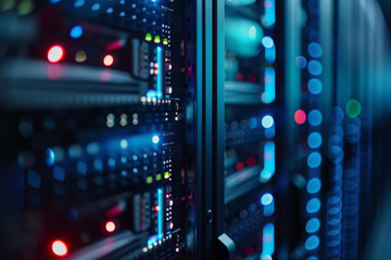 A row of servers in a dark room with blue and red lights