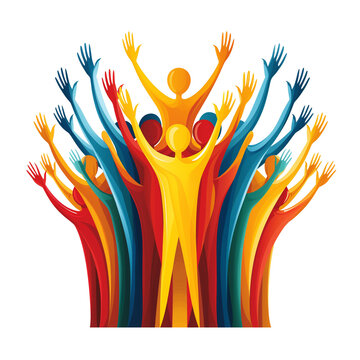 Joyful colorful figures with raised hands celebrating unity and diversity transparent background