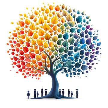 Colorful abstract tree with diverse leaf hues, transparent background, diversity and unity