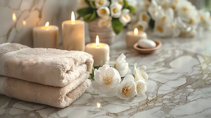 A serene spa composition featuring delicate white flowers, softly glowing candles, and a plush towel arranged on a backdrop of pristine marble, with the Holy Quran lending an aura of spiritual