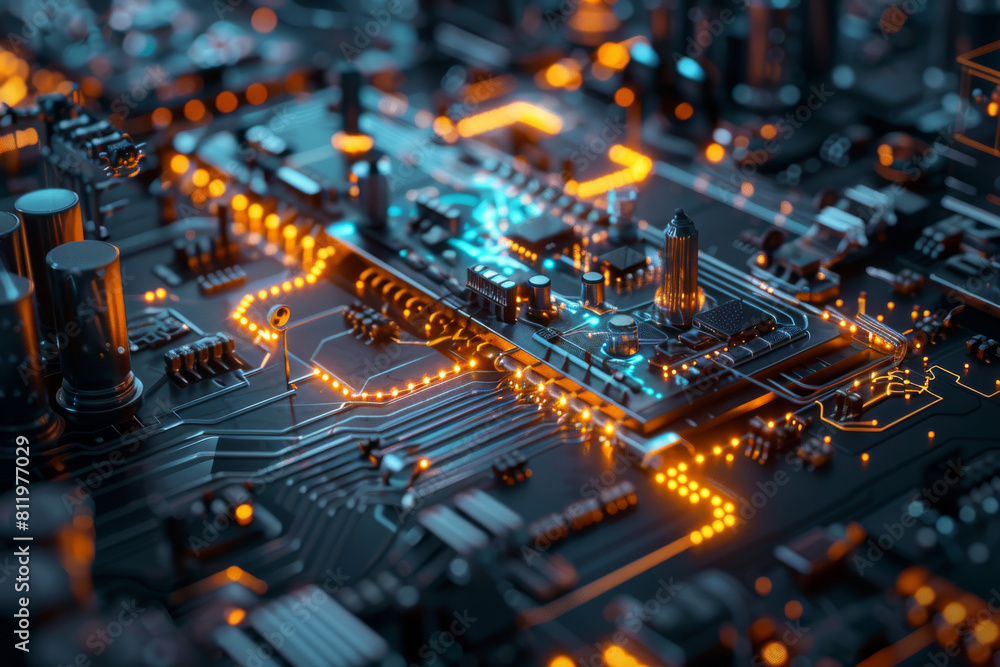 Poster a close up of a circuit board with a lot of electronics on it
