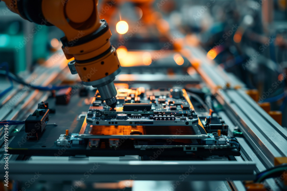 Poster a robotic arm is working on a motherboard in a factory