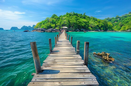 Fototapeta Wooden pier leads to an island with clear blue water and lush greenery 