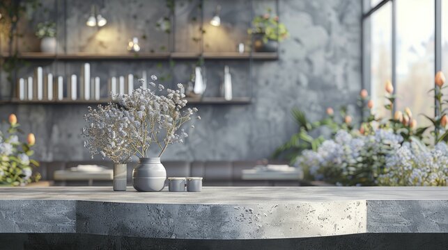 An ideal setting for showcasing casual dining ware with an urban café background, featuring an understated grey stone podium in front view focus.