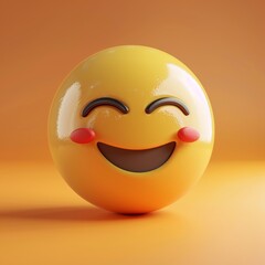 Fototapeta premium A delightful 3D rendering of a joyful smiling emoji with squinting eyes and rosy cheeks on a vibrant orange background.