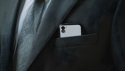 Black smartphone with white screen in men suit pocket close up