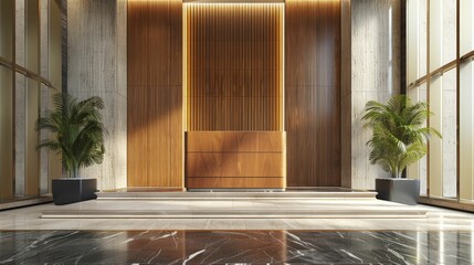 Stately Redwood Podium, front view focus, with a Corporate Lobby Background, ideal for executive presentations.