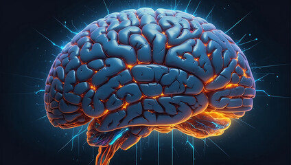A image of a 3d rendered illustration of a electronic metal human brain with neon growing lightning 
