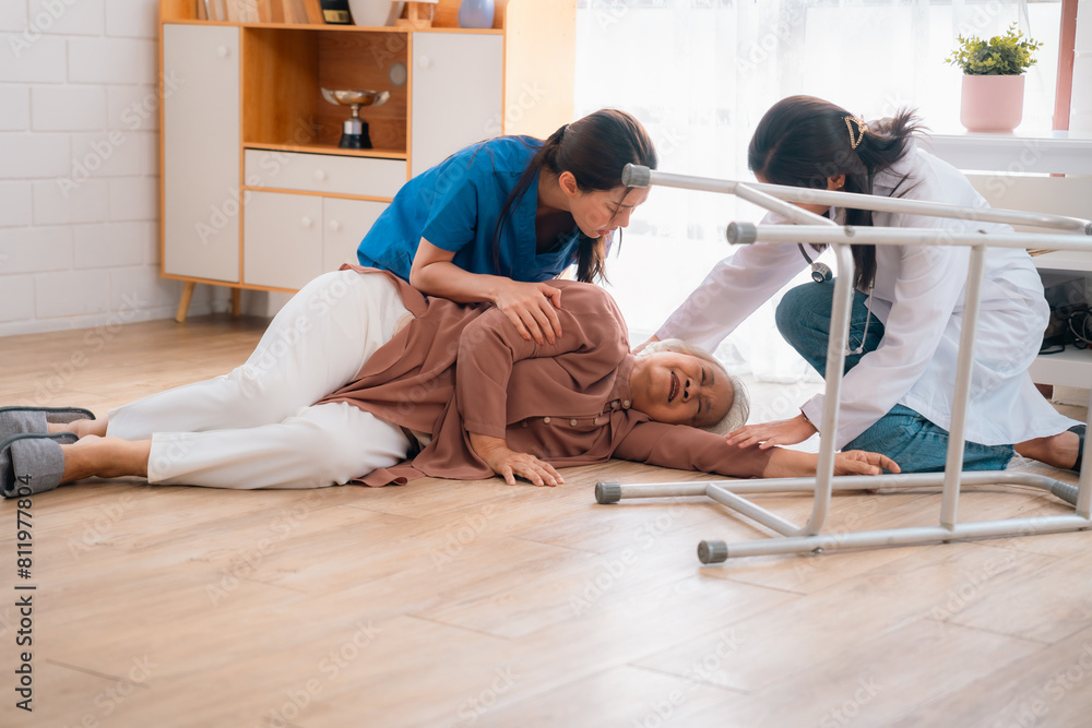 Canvas Prints caregiver support senior elderly patient who having accident to fall on the floor at home, health insurance for emergency help, woman nurse having care injury to disease pain of old Asian people