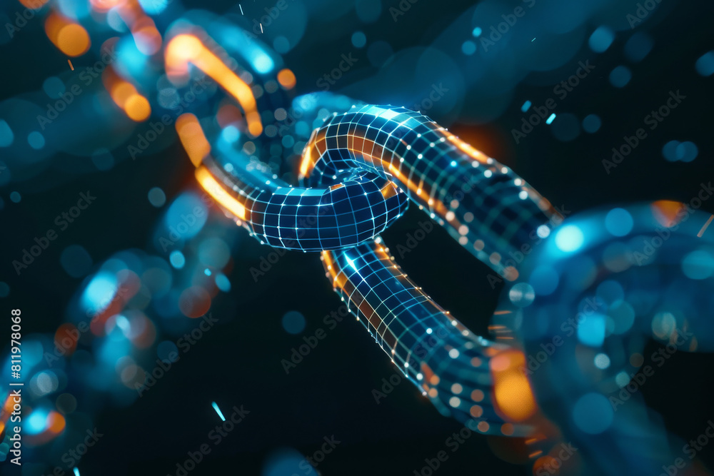 Poster a 3d rendering of a chain with a glowing link