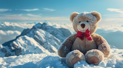 a smiling giant huge enormous teddy bear with a bow sitting on a snow covered mountain 