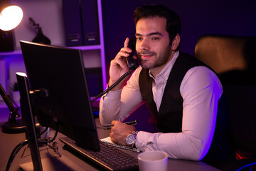 Smart businessman calling partner or investor on phone desk office, discussing on target market...