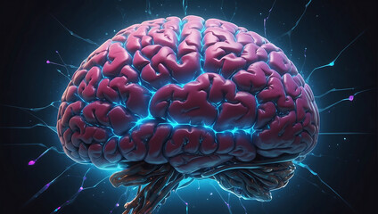 A image of a 3d rendered illustration of a electronic metal human brain with neon growing lightning 
