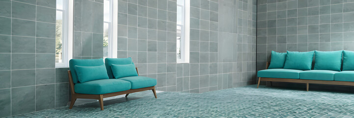 Modern interior of living room with grey sofa and cyan chairs on empty tile pattern wall background.