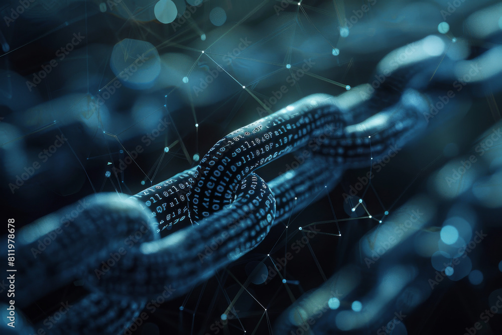 Poster a close up of a chain with binary code on it